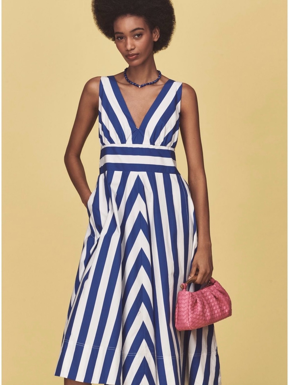 Anthropologie Striped V-Neck A-Line Dress in Blue and White- Small